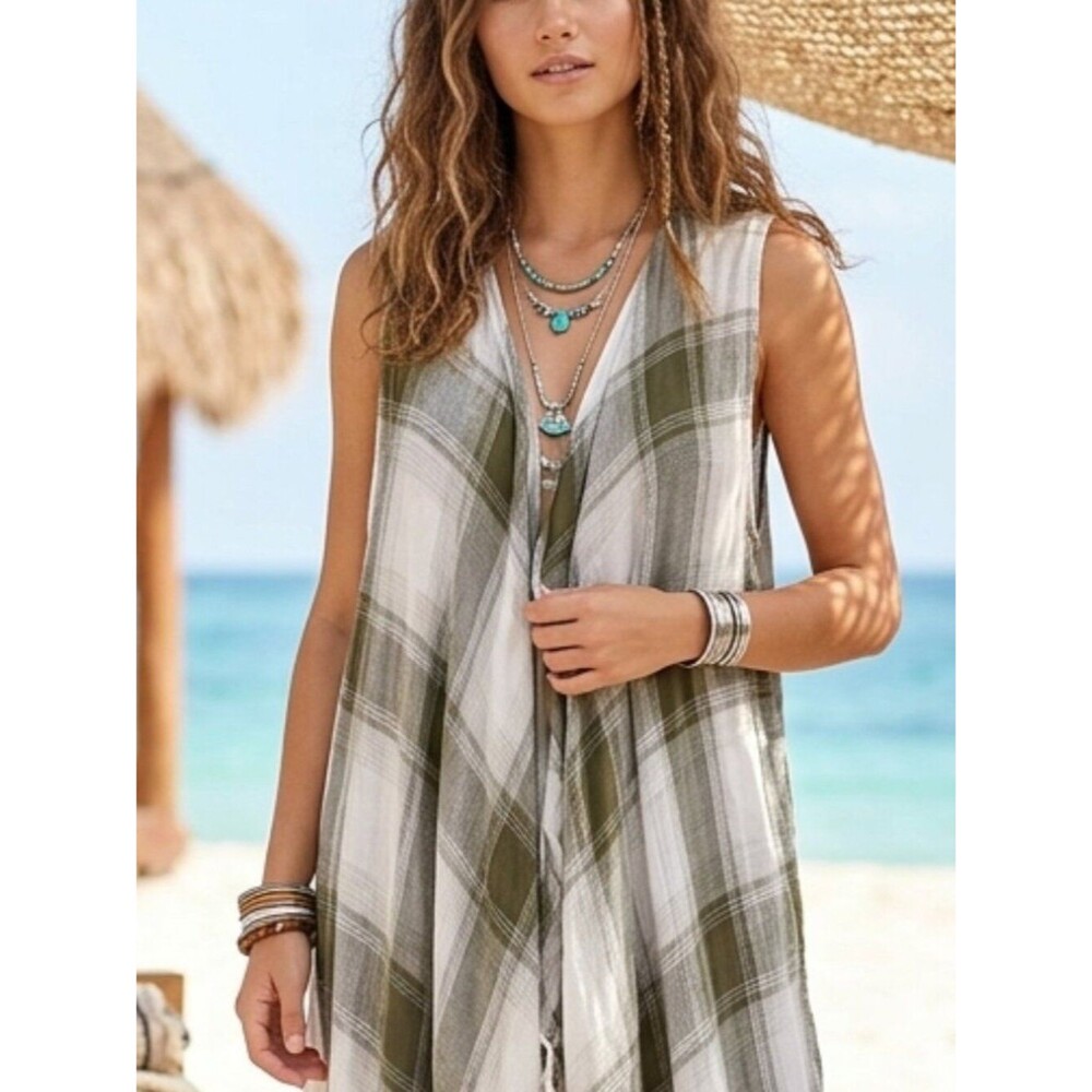 Maurices Olive & Cream Plaid Open Front Cardigan Duster OSFM